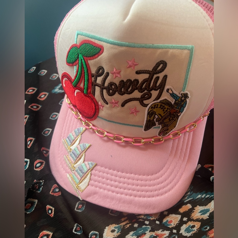 Pink trucker Cap with Cherry and Cowboy Design